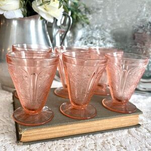 Jeanette Glass Cherry Blossom Pink Depression Glass Footed 4oz Tumblers Set of 6